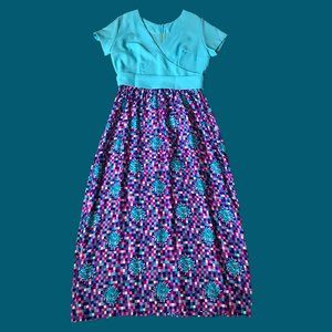 Vintage 70s Geometric Technicolor Print Maxi Dress
